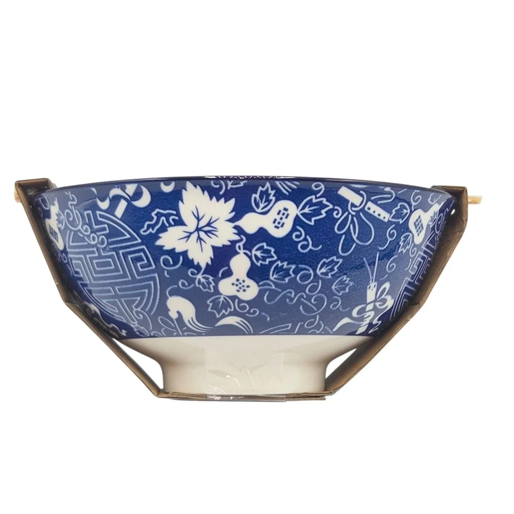 SH Home 42oz Blue Ceramic Ramen Noodle Soup Bowl Chopsticks Spoon Chinese Motifs